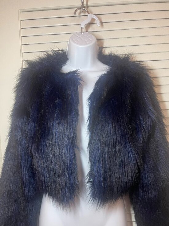 Love, Fire x WP Jackets & Blazers - Midnight Blue Faux Fur Cropped Jacket XS Indie Sleaze Mob Wife